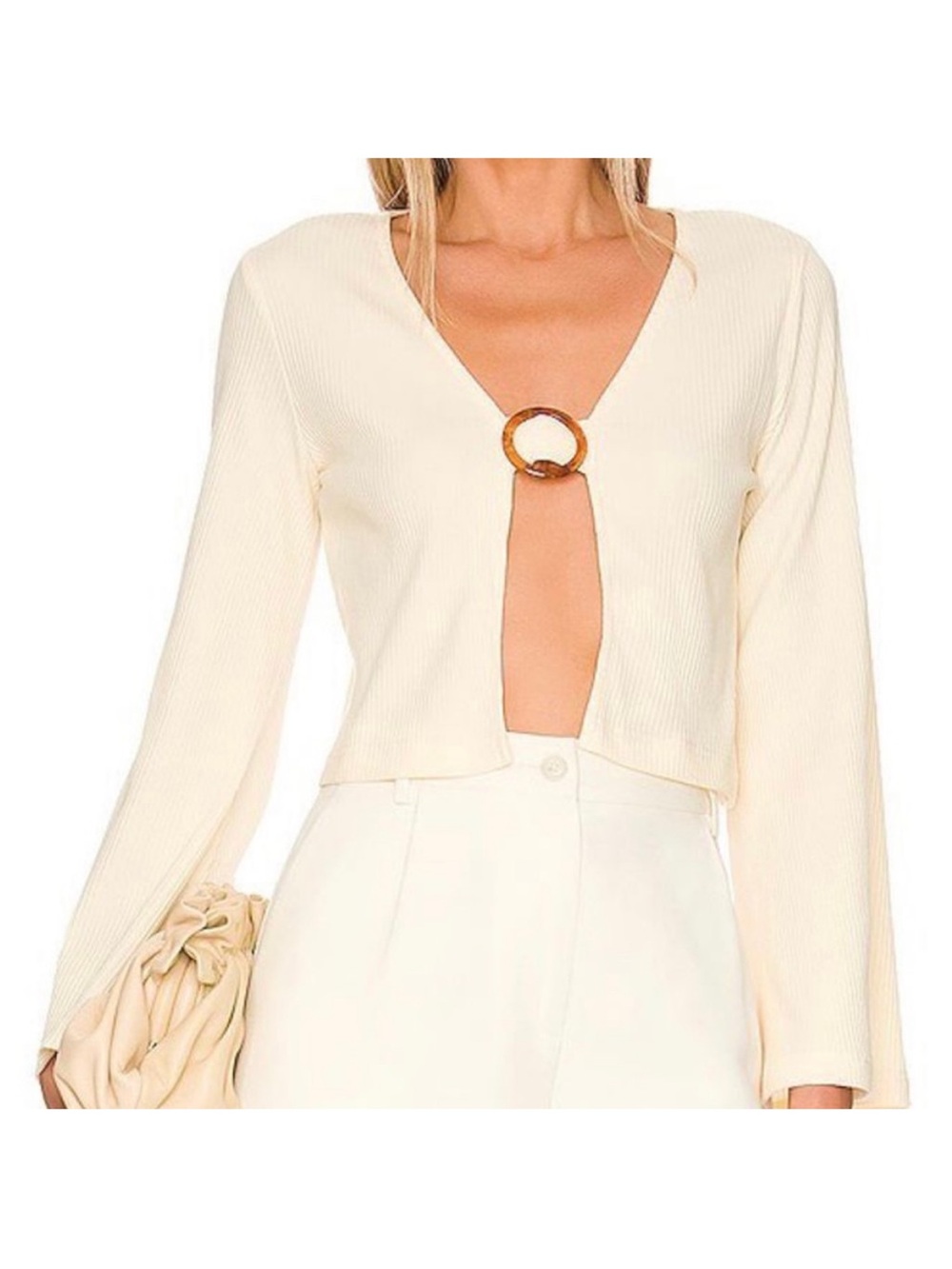 Callahan Cream Ribbed V-Neck Ring-Detail Cropped Top